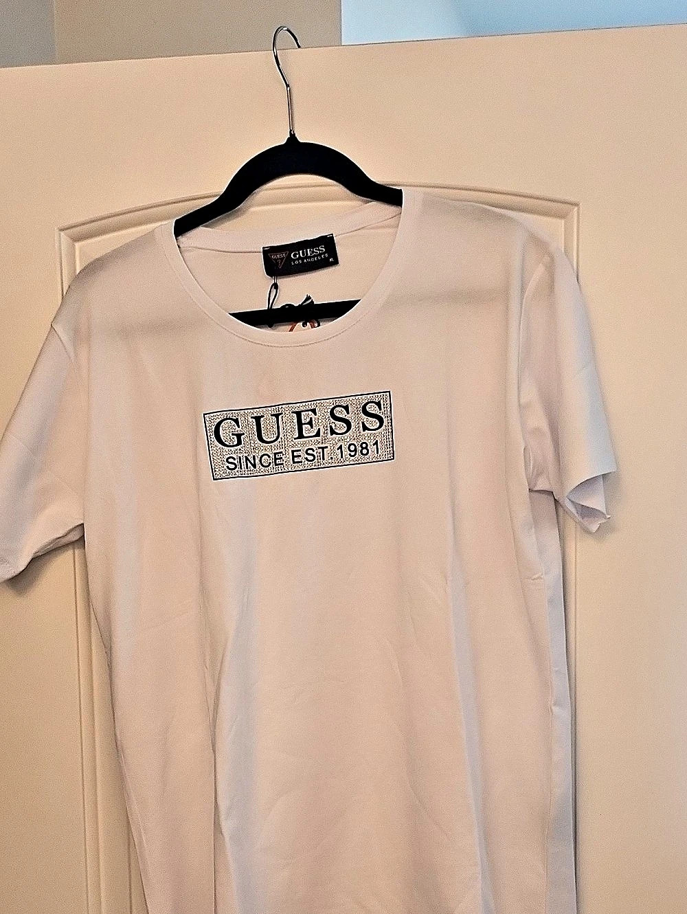 GUESS Women's 1981 Crystal Logo Cotton T-Shirt White XL